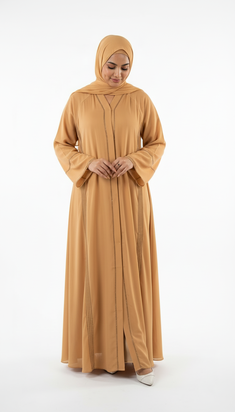 Belted Front Open Abaya with Subtle Embellishment 3pcs - Abaya Elegance