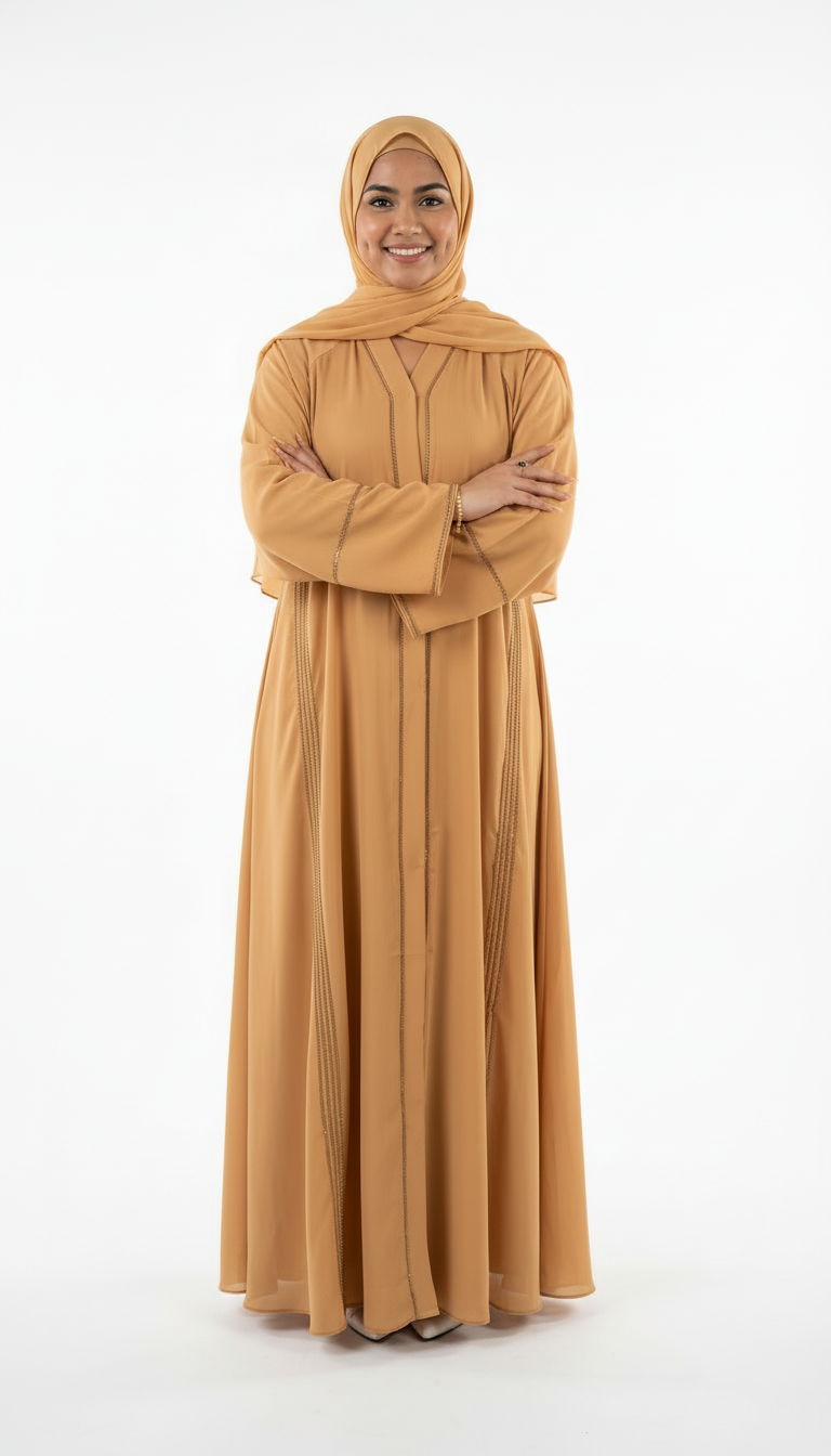 Belted Front Open Abaya with Subtle Embellishment 3pcs - Abaya Elegance
