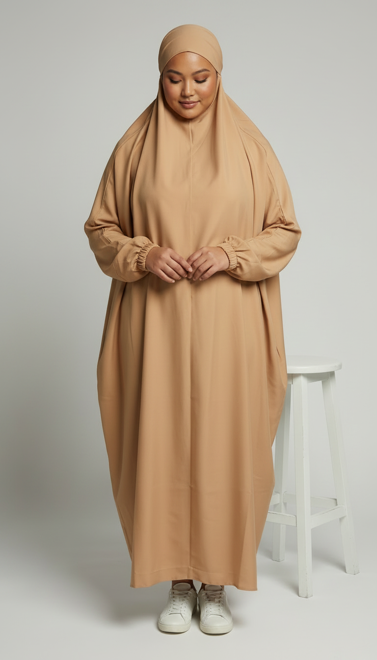 Luxury One-Piece Prayer Abaya with Matching Niqab – Sand Beige | Made in Dubai