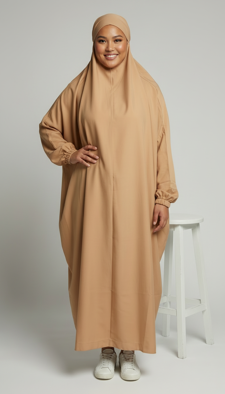 Luxury One-Piece Prayer Abaya with Matching Niqab – Sand Beige | Made in Dubai
