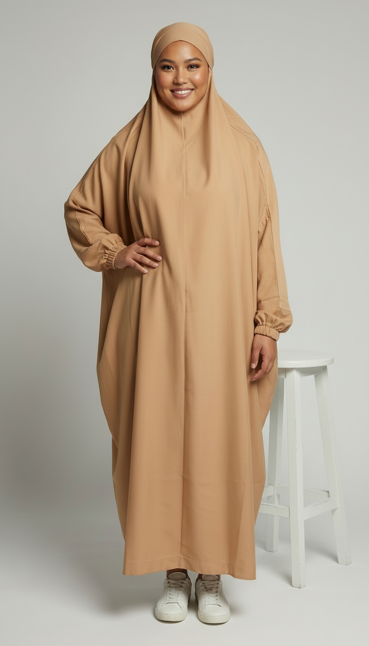 Luxury One-Piece Prayer Abaya with Matching Niqab – Sand Beige | Made in Dubai