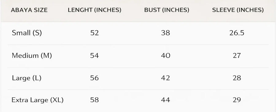 Size guide for Elegant Cream Sage Embroidered Abaya