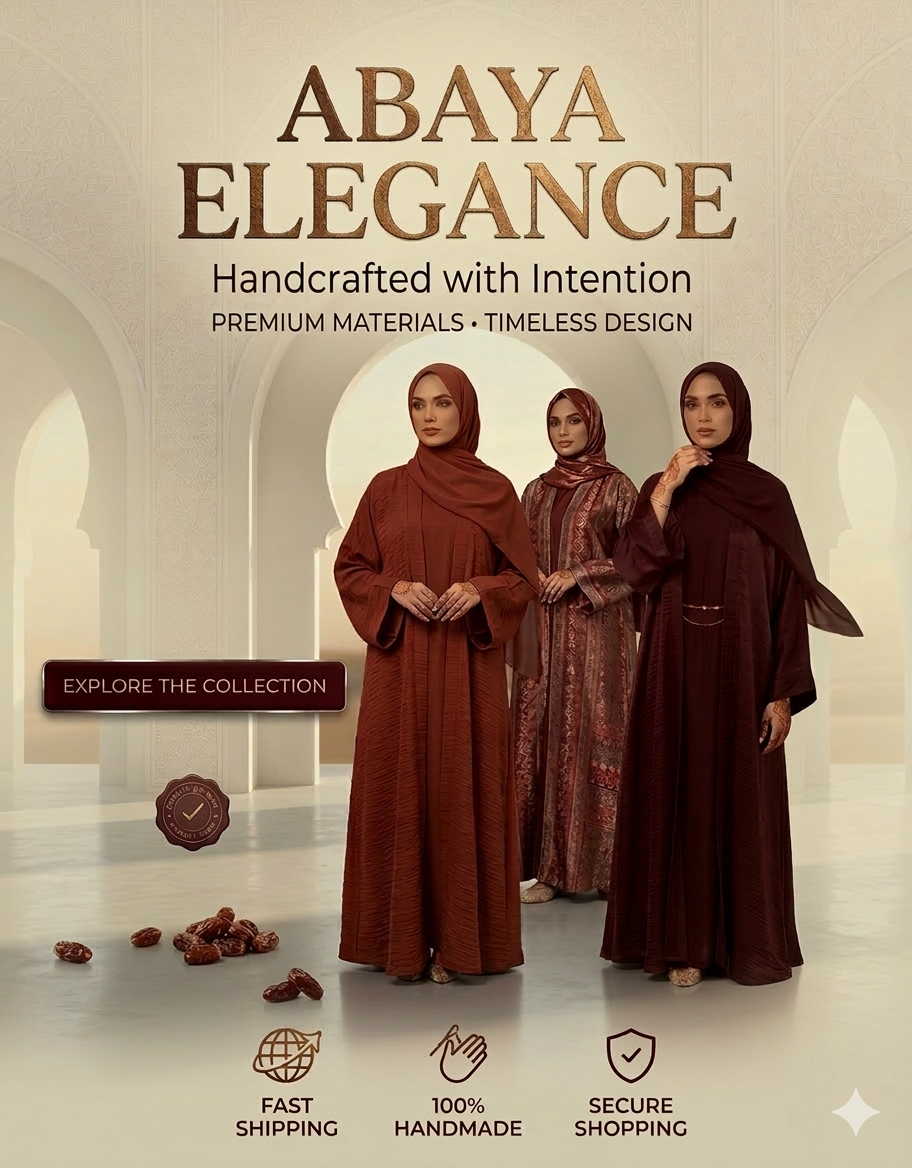 Three women wearing abayas in a decorative setting with text about abaya elegance.