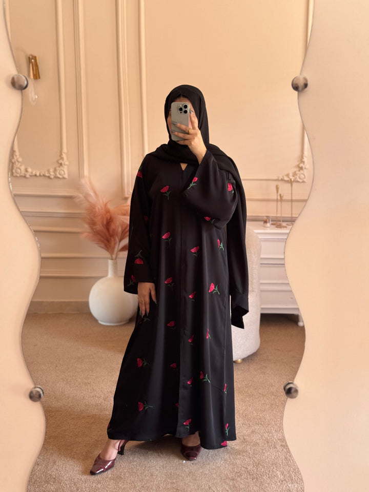 Front - Open Rose Noir Abaya - Abaya Elegance
