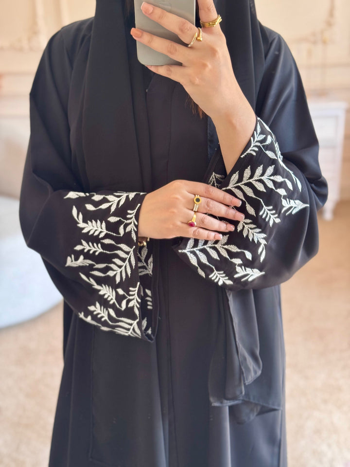 Black Front Open Abaya with White Embroidered Cuffs - Abaya Elegance