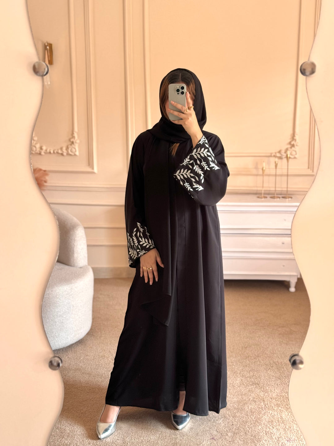 Black Front Open Abaya with White Embroidered Cuffs - Abaya Elegance
