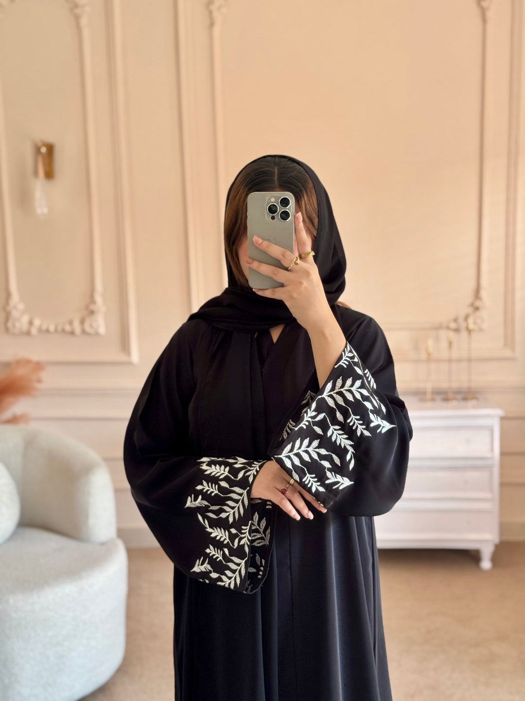 Black Front Open Abaya with White Embroidered Cuffs - Abaya Elegance