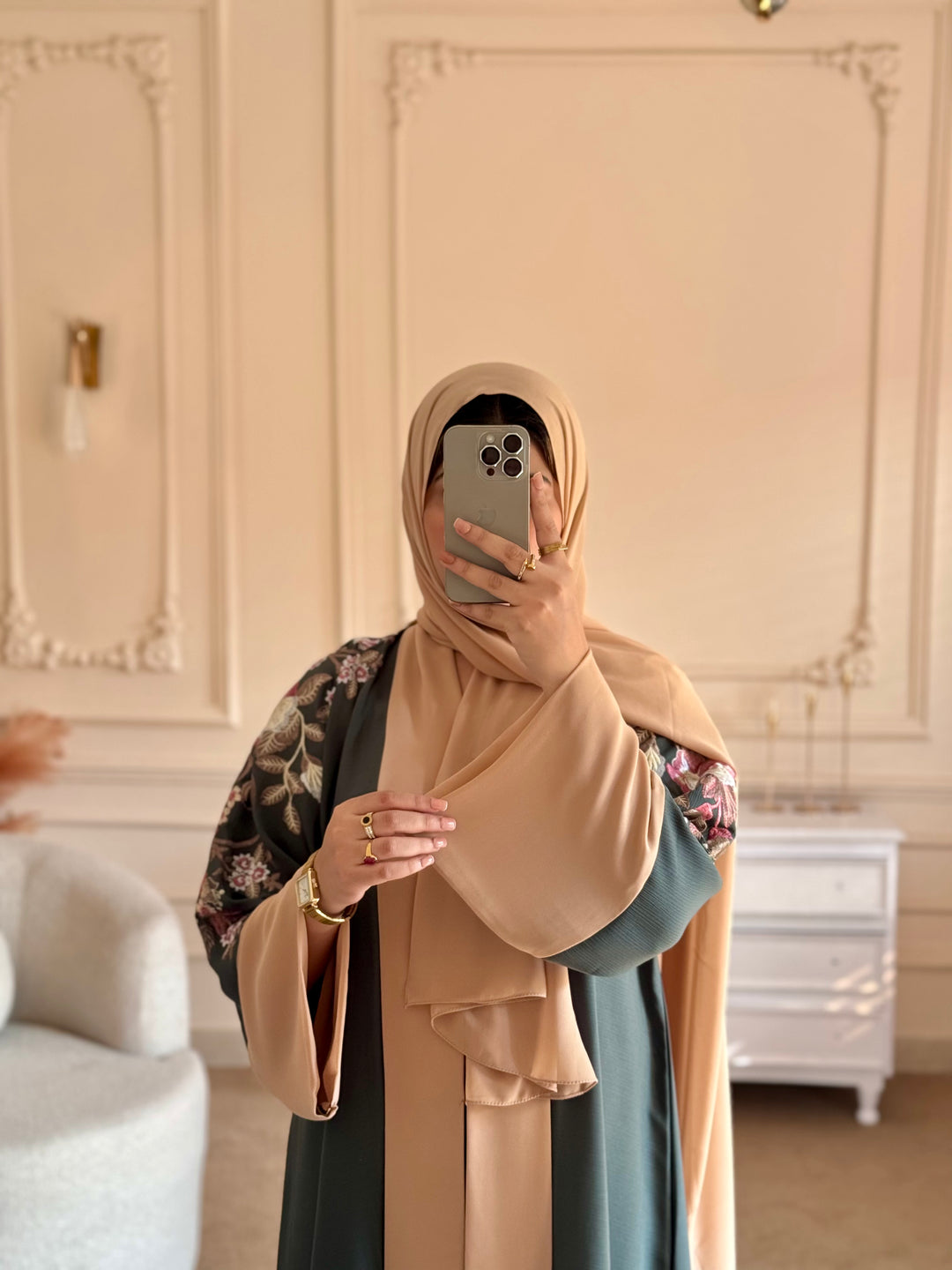 Cream Sage Embroidered Abaya - Abaya Elegance