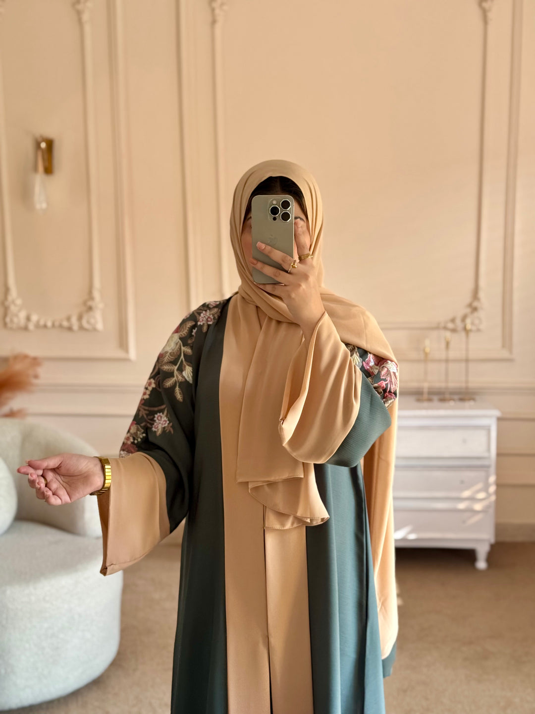 Cream Sage Embroidered Abaya - Abaya Elegance