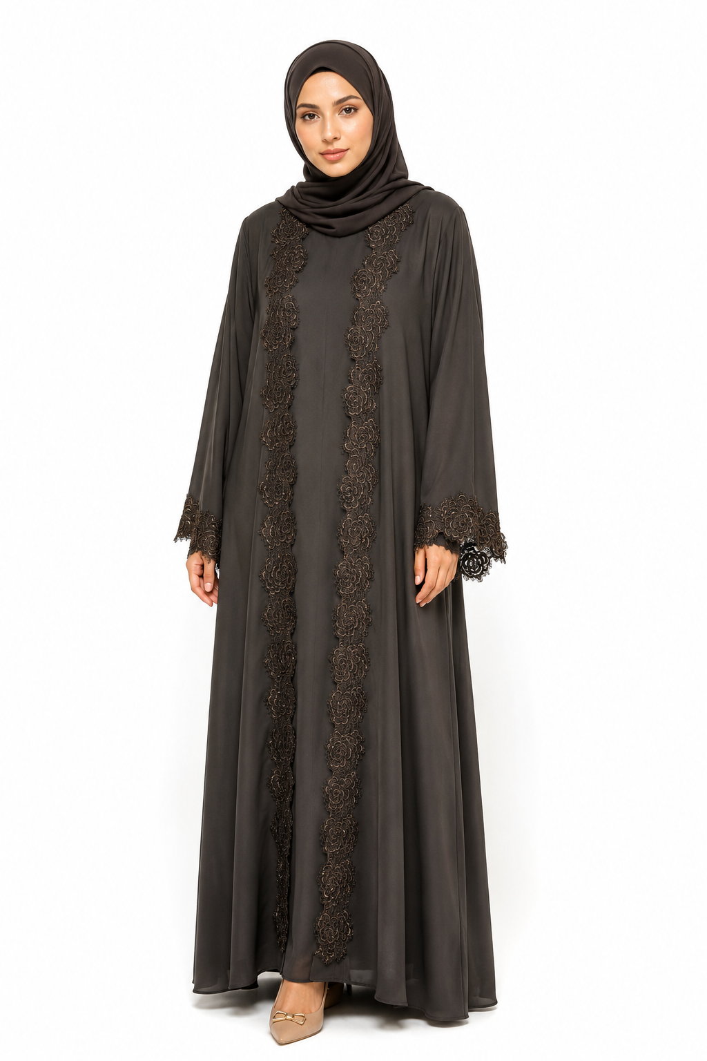 Luxury Floral Lace Open Abaya with Inner Dress – Espresso Brown | Made in Dubai