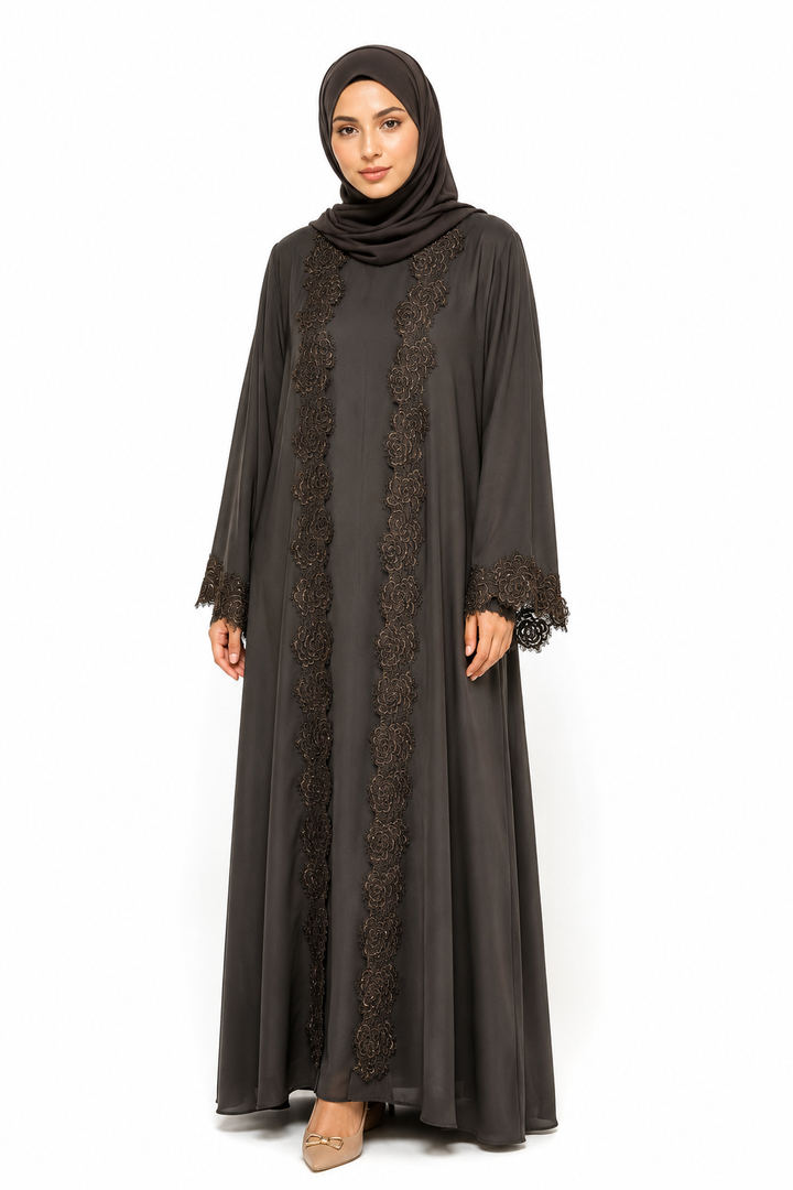 Luxury Floral Lace Open Abaya with Inner Dress – Espresso Brown | Made in Dubai