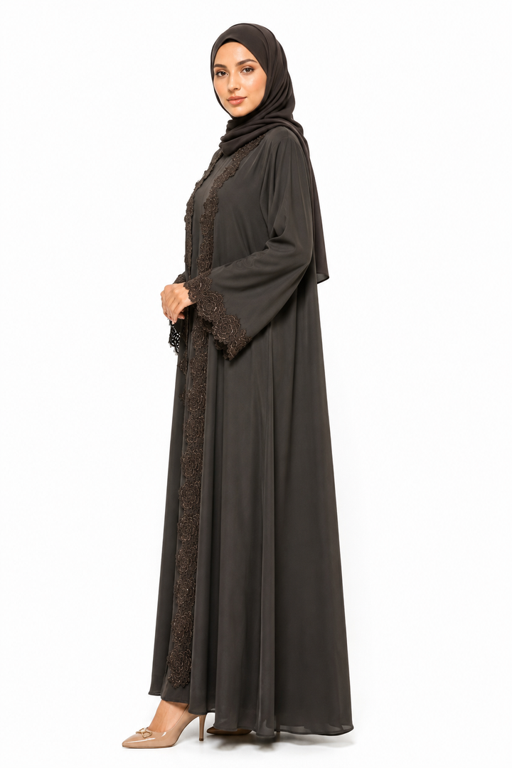 Luxury Floral Lace Open Abaya with Inner Dress – Espresso Brown | Made in Dubai