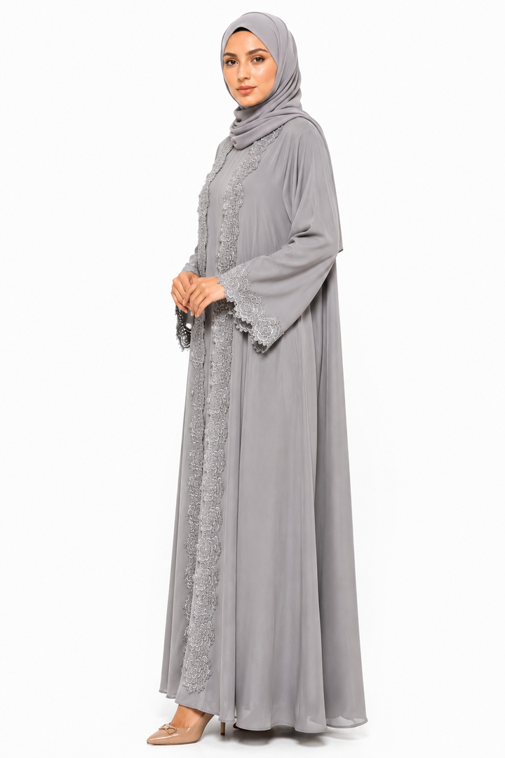 Luxury Floral Lace Open Abaya with Inner Dress – Pearl Grey | Made in Dubai