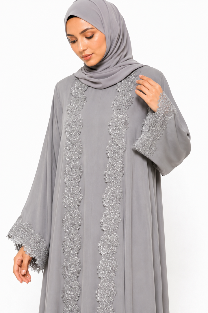 Luxury Floral Lace Open Abaya with Inner Dress – Pearl Grey | Made in Dubai
