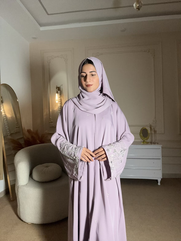 Lilac Embroidered Front Open Abaya - Abaya Elegance