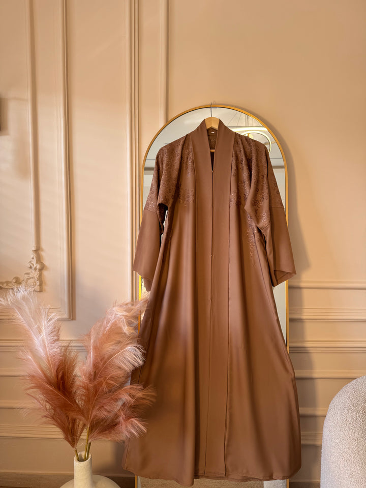 Mocha Brown Embroidered Belted Abaya - Abaya Elegance