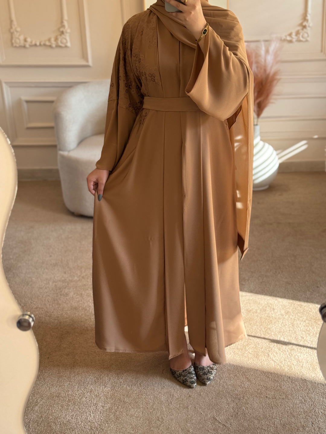 Mocha Brown Embroidered Belted Abaya - Abaya Elegance