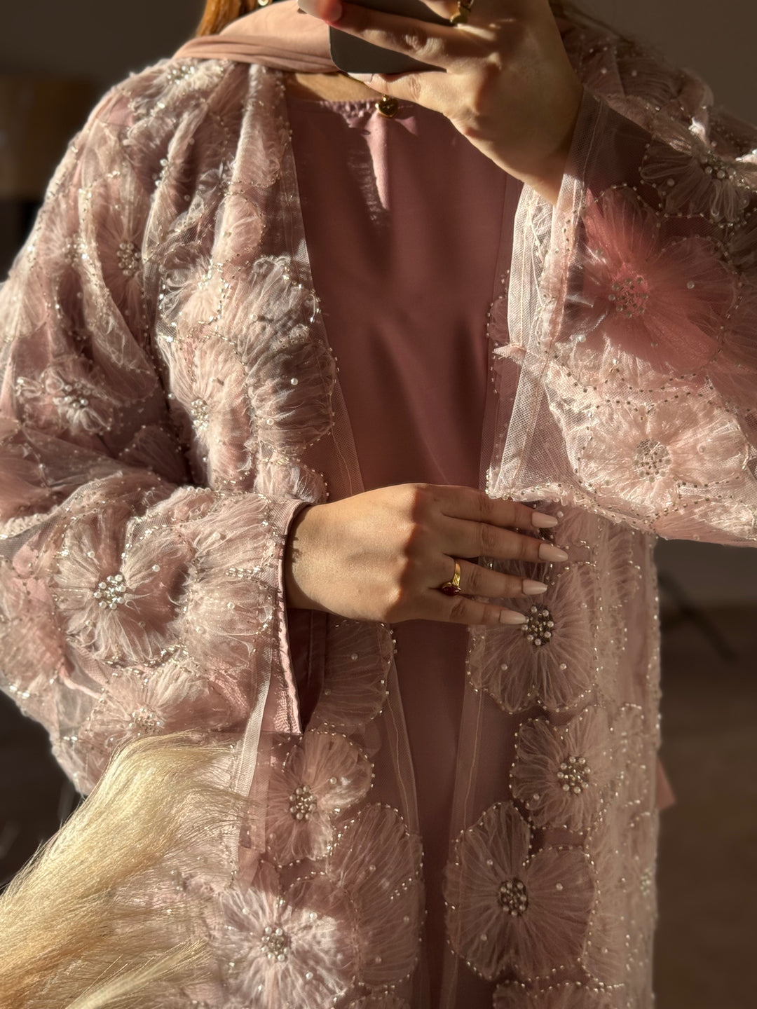 Blush Pink Floral Embellished Front Open Abaya - Abaya Elegance