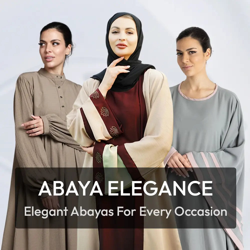 Three women wearing abayas with the text 'Abaya Elegance' and 'Elegant Abayas For Every Occasion'.