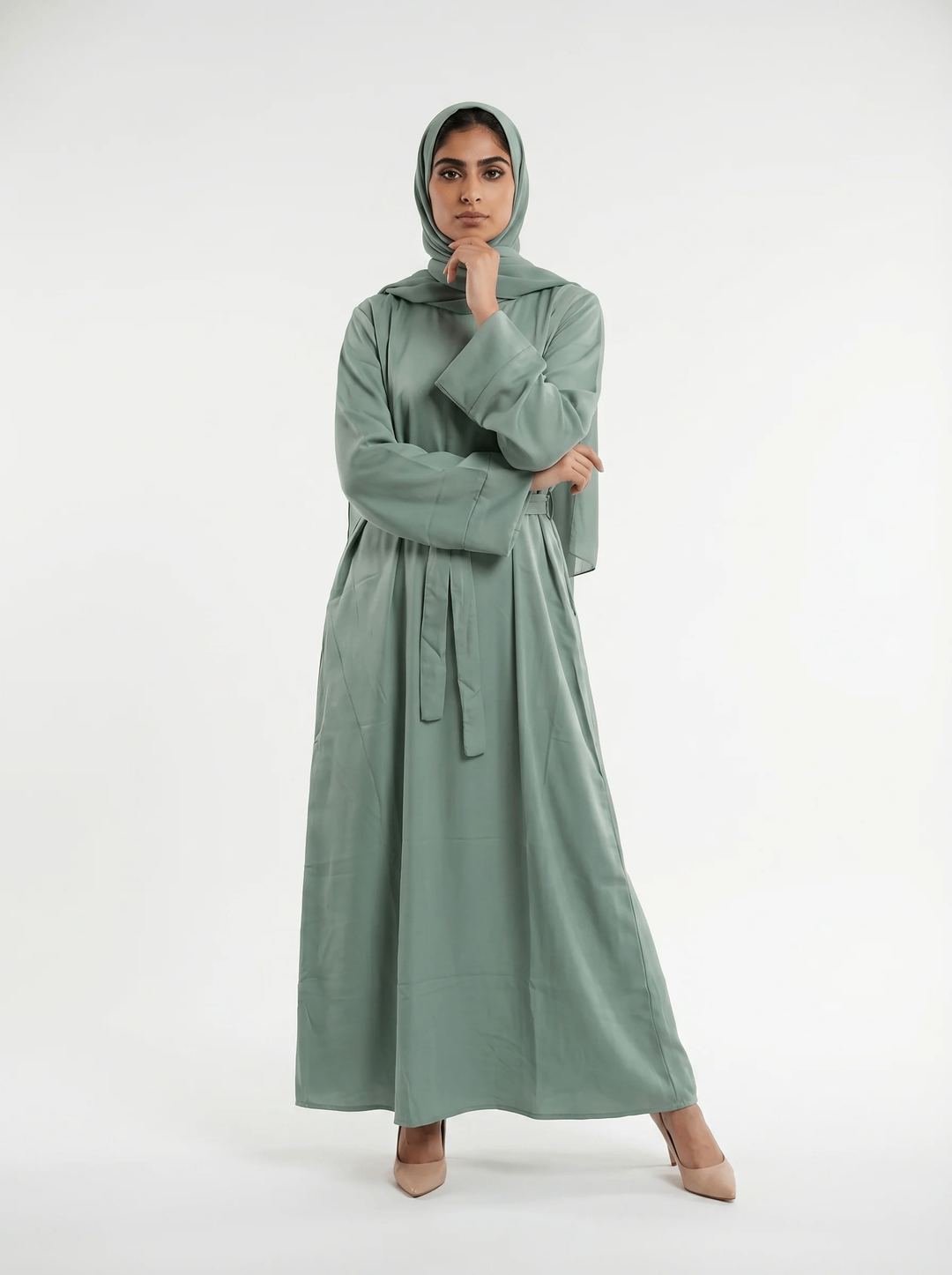Mint Flow Elegance – Belted 3-Piece Abaya Set