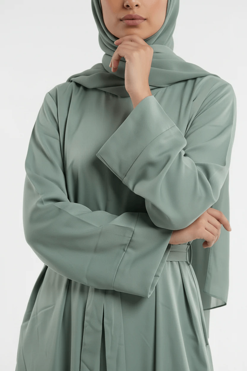 Mint Flow Elegance – Belted 3-Piece Abaya Set