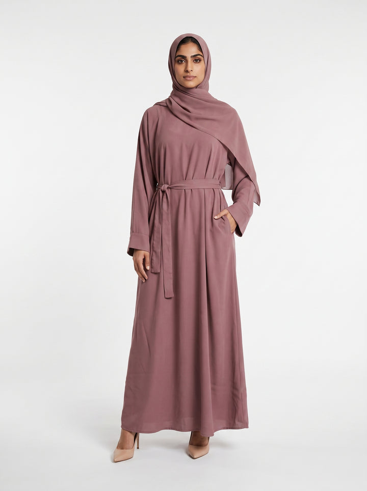 Elegant Dusty Rose Tie-Waist Dubai Abaya with Matching Hijab