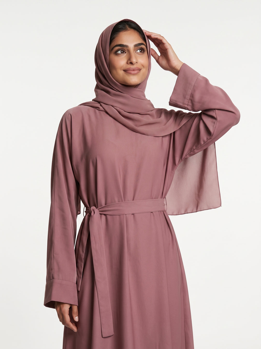 Elegant Dusty Rose Tie-Waist Dubai Abaya with Matching Hijab