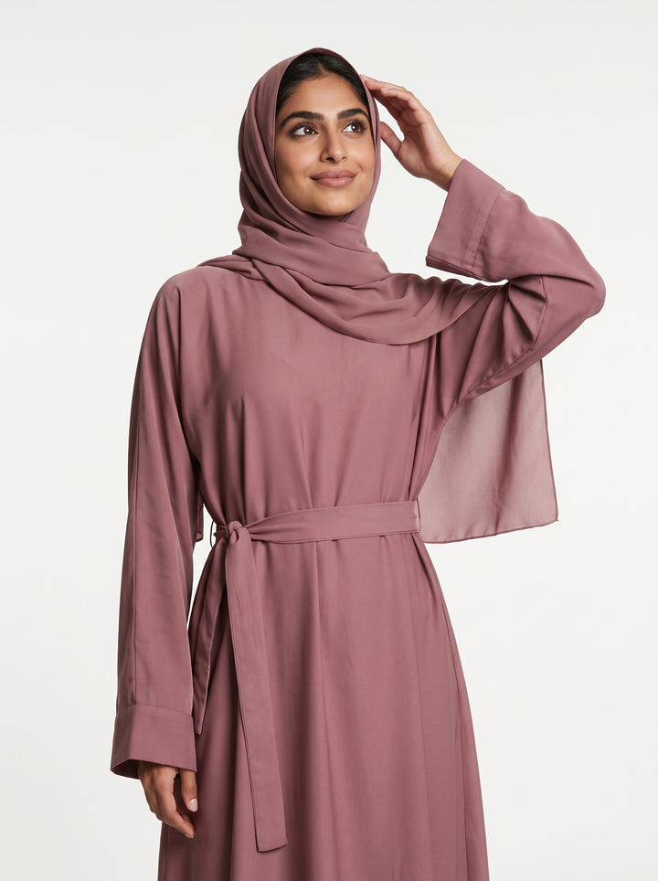 Elegant Dusty Rose Tie-Waist Dubai Abaya with Matching Hijab