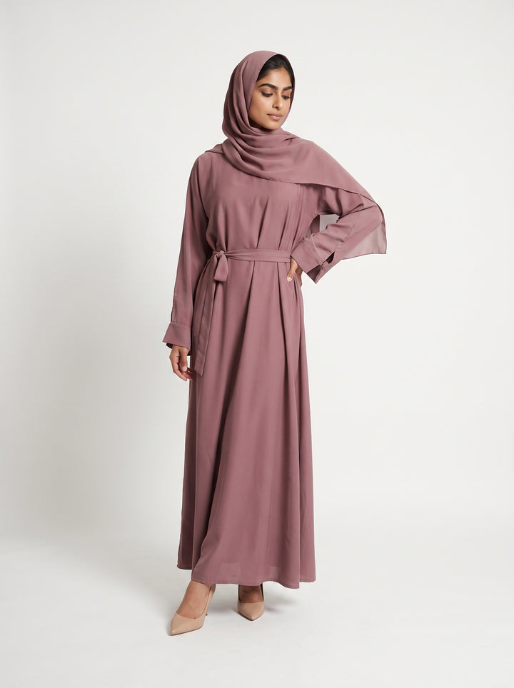 Elegant Dusty Rose Tie-Waist Dubai Abaya with Matching Hijab