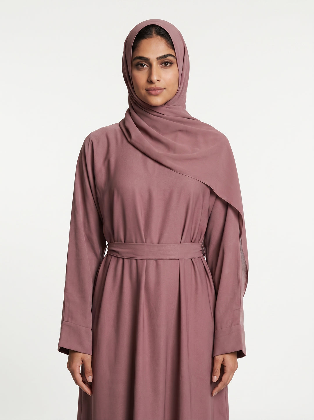 Elegant Dusty Rose Tie-Waist Dubai Abaya with Matching Hijab