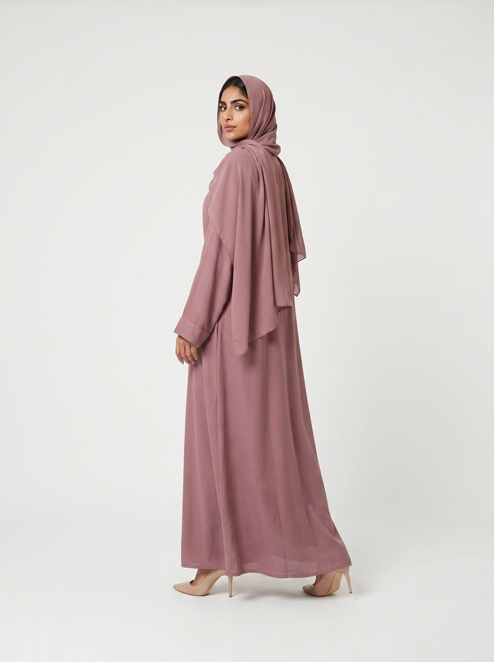 Elegant Dusty Rose Tie-Waist Dubai Abaya with Matching Hijab