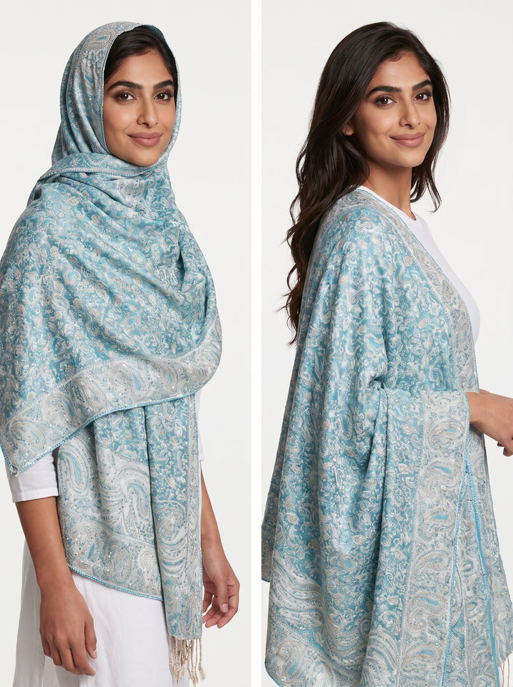 Luxury Sky Blue Paisley Cashmere Shawl – Soft Elegant Wrap for Every Occasion