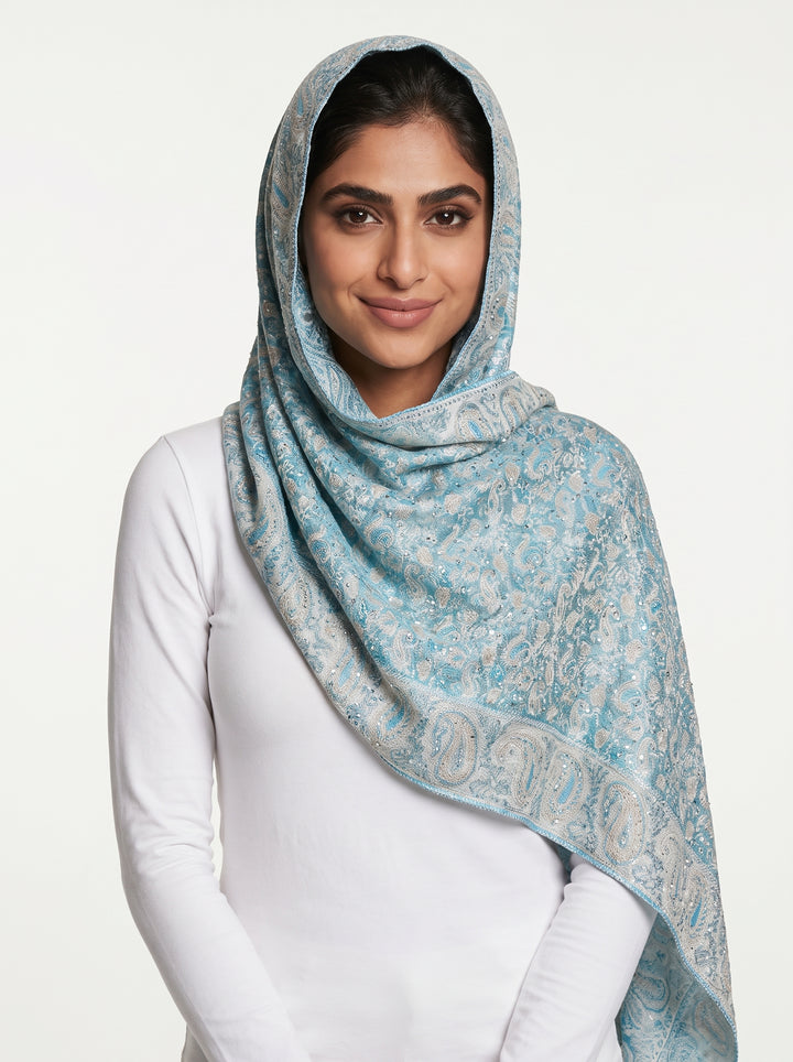 Luxury Sky Blue Paisley Cashmere Shawl – Soft Elegant Wrap for Every Occasion