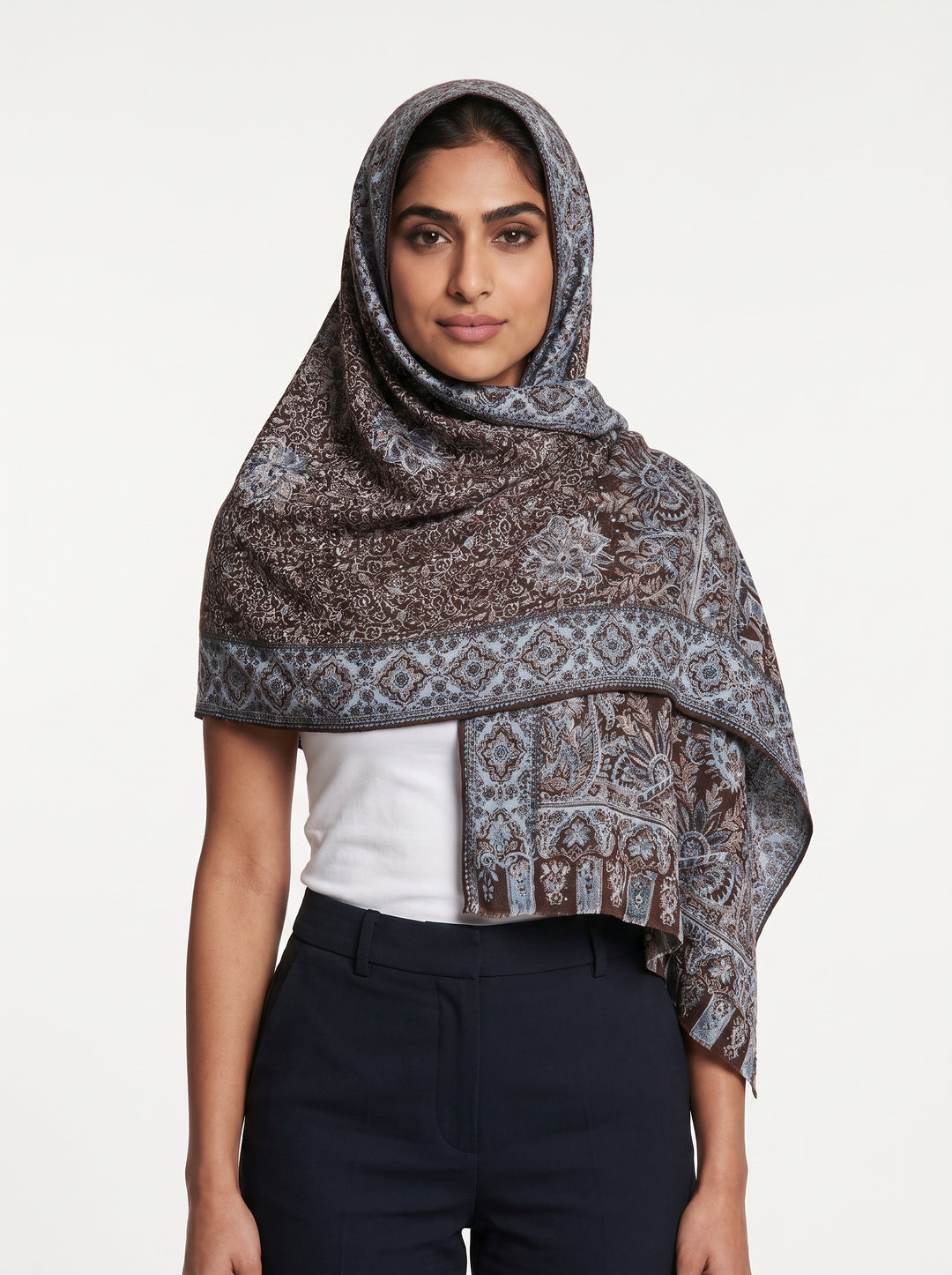Luxury Cashmere Floral Paisley Shawl – Espresso Blue | Premium Soft Wrap