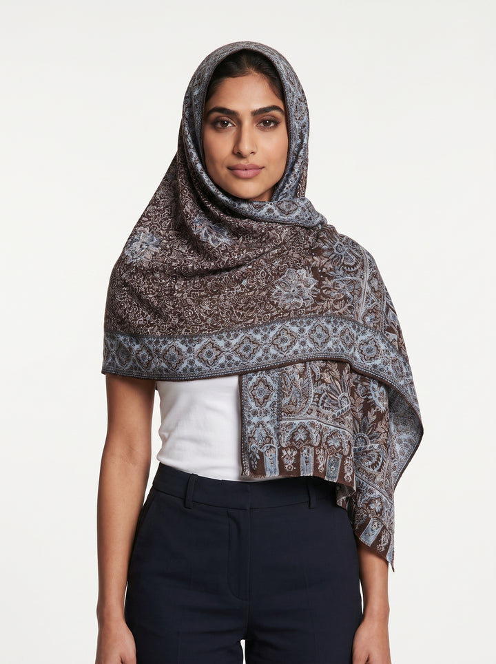 Luxury Cashmere Floral Paisley Shawl – Espresso Blue | Premium Soft Wrap