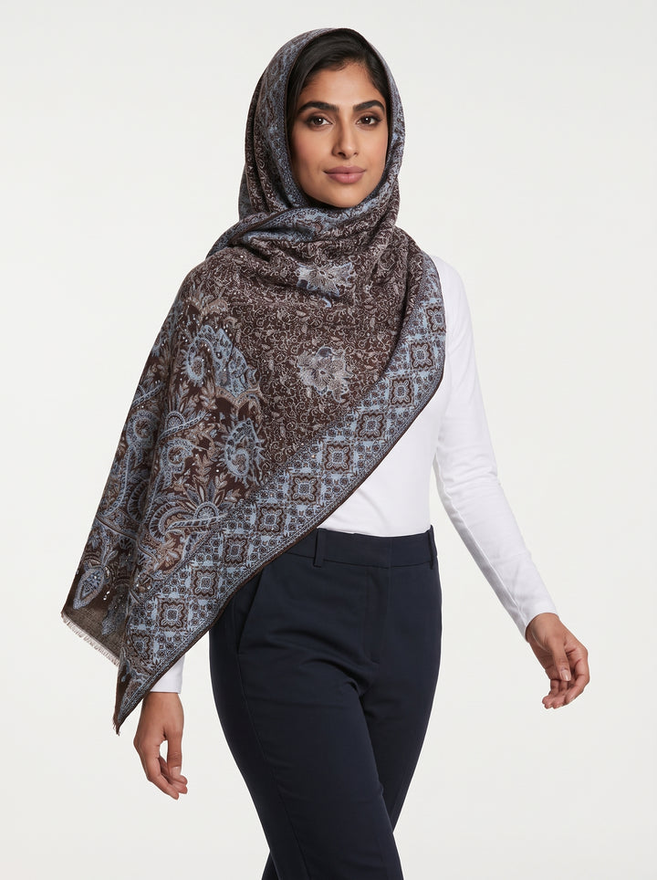 Luxury Cashmere Floral Paisley Shawl – Espresso Blue | Premium Soft Wrap
