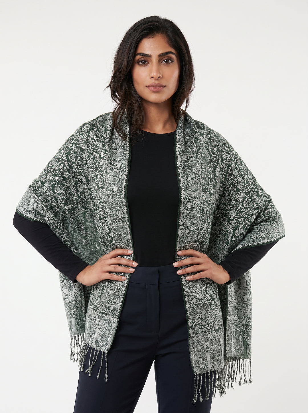 Luxury Cashmere Paisley Shawl – Emerald Sage | Premium Soft Wrap
