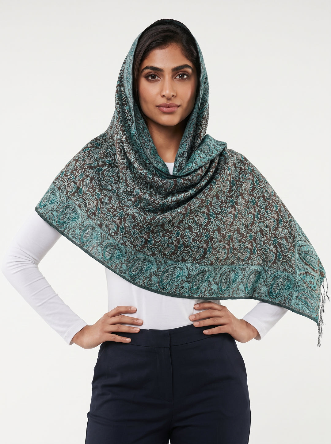Luxury Cashmere Paisley Shawl – Teal Mocha | Premium Soft Wrap