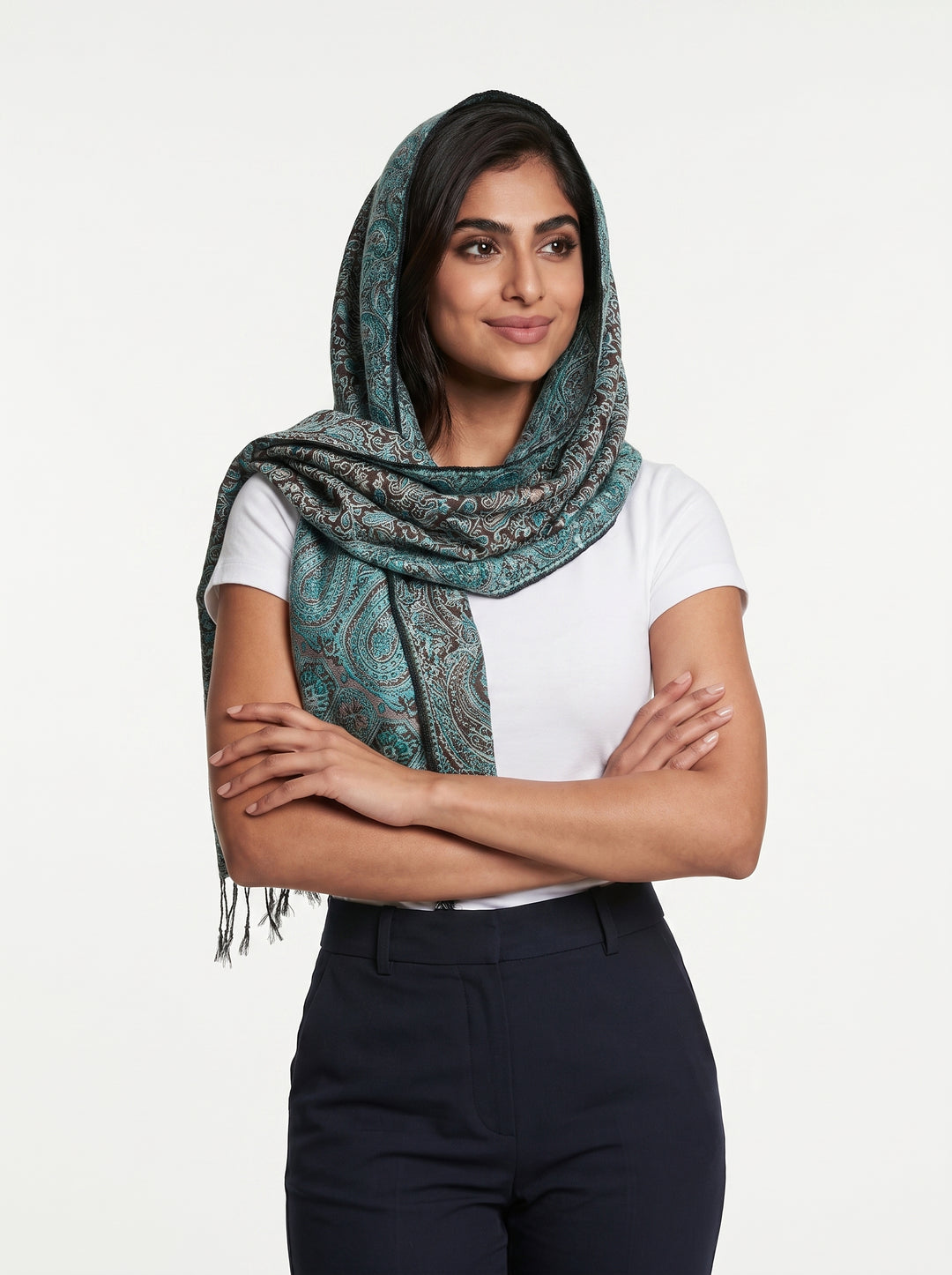 Luxury Cashmere Paisley Shawl – Teal Mocha | Premium Soft Wrap