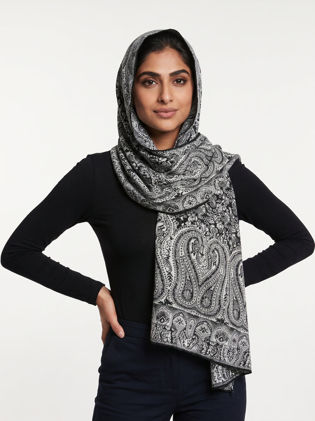 Luxury Kashmiri Paisley Shawl – Midnight Silver | Reversible Soft Sparkle Hijab Wrap