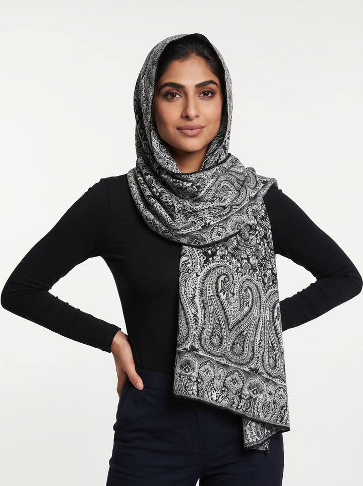 Luxury Kashmiri Paisley Shawl – Midnight Silver | Reversible Soft Sparkle Hijab Wrap