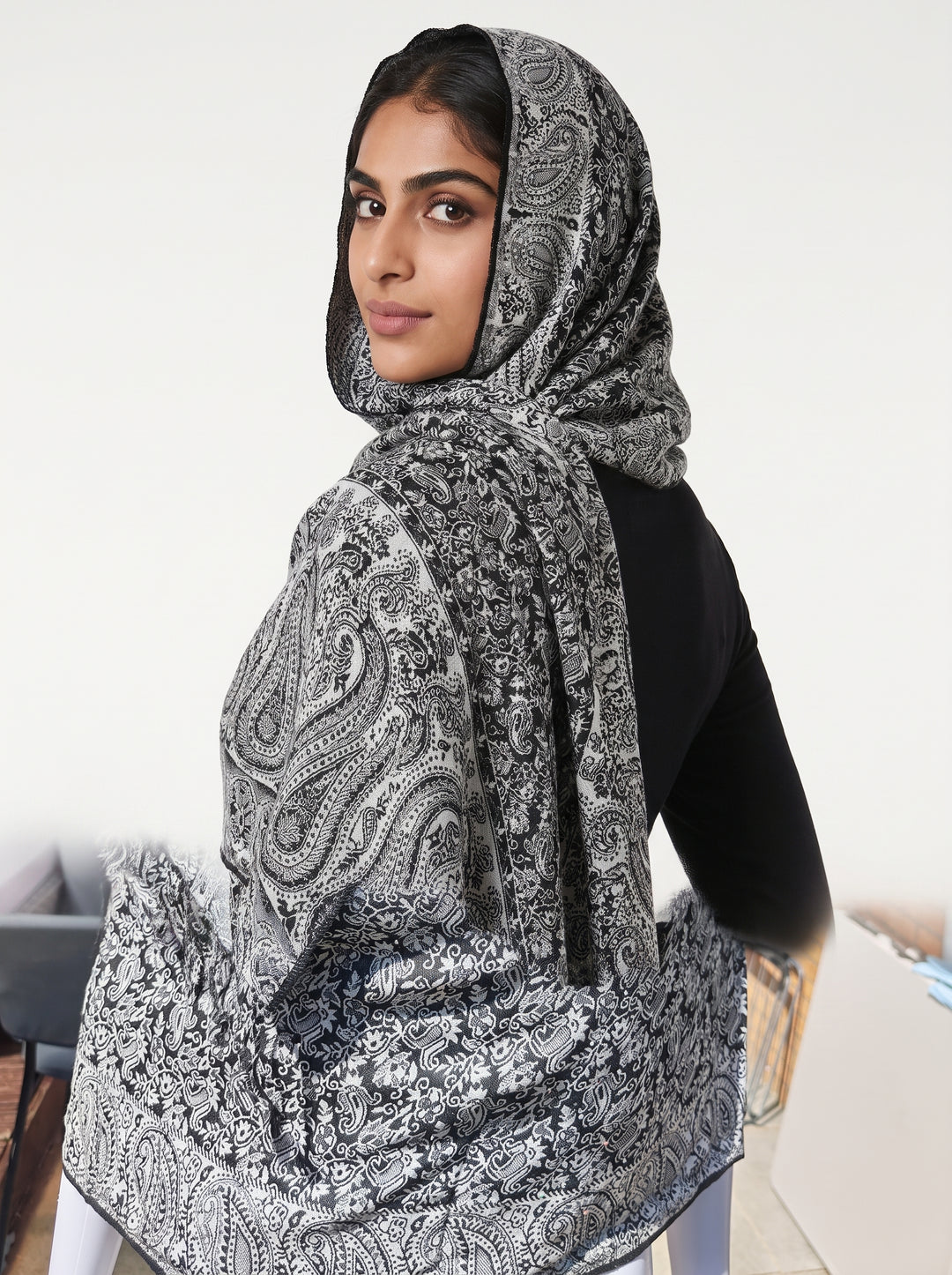 Luxury Kashmiri Paisley Shawl – Midnight Silver | Reversible Soft Sparkle Hijab Wrap