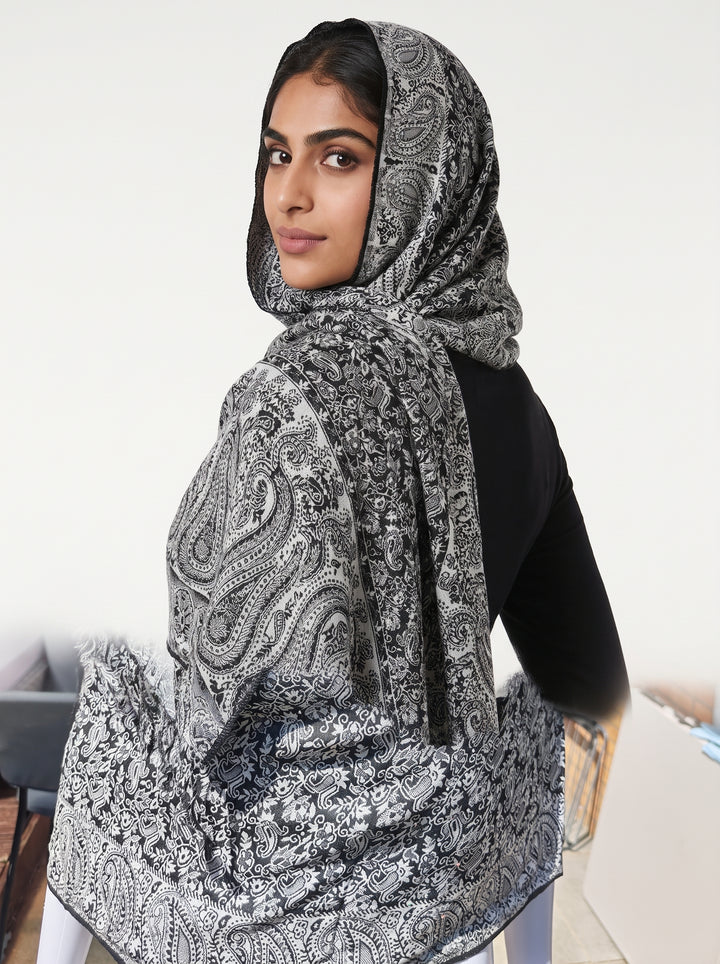 Luxury Kashmiri Paisley Shawl – Midnight Silver | Reversible Soft Sparkle Hijab Wrap