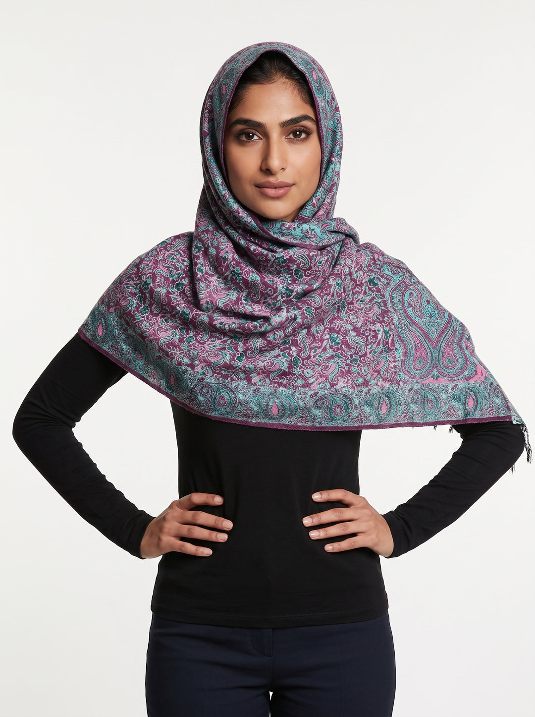 Luxury Kashmiri Paisley Shawl – Royal Turquoise &amp; Mulberry | Premium Soft Reversible Hijab Wrap
