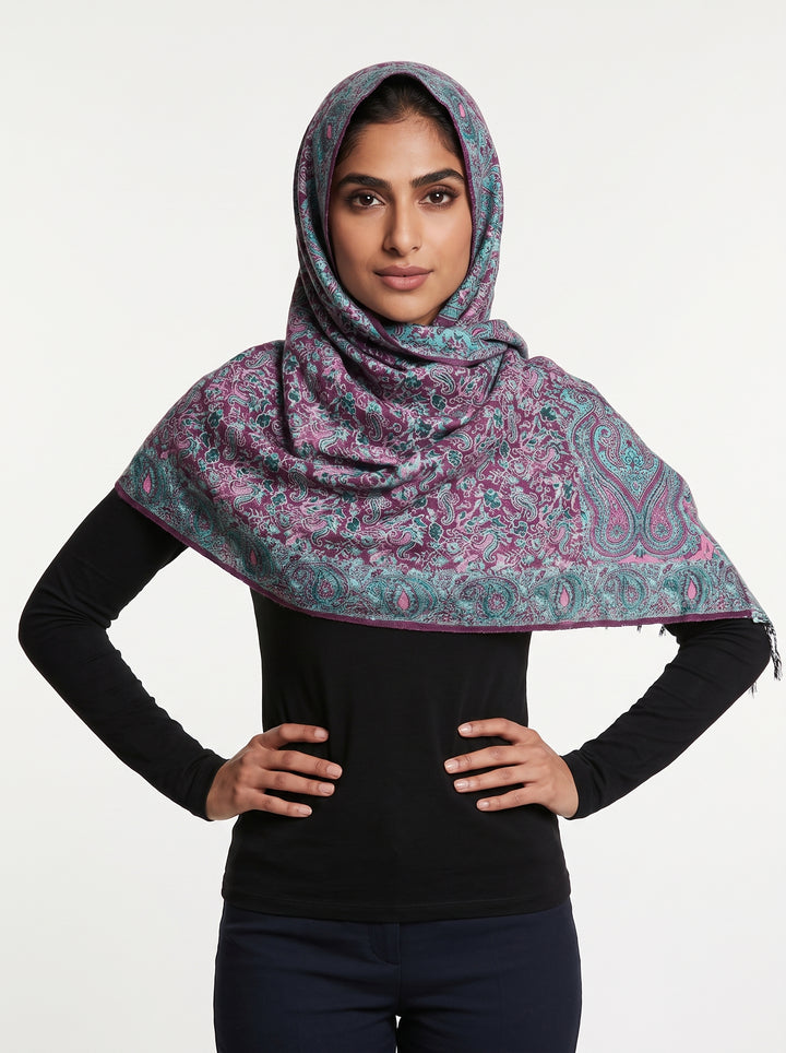 Luxury Kashmiri Paisley Shawl – Royal Turquoise &amp; Mulberry | Premium Soft Reversible Hijab Wrap