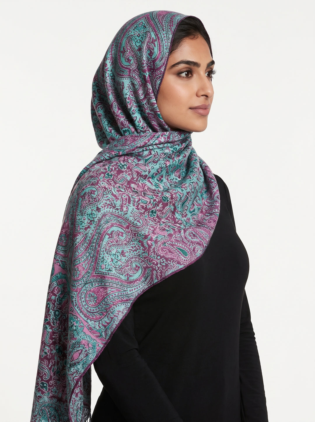Luxury Kashmiri Paisley Shawl – Royal Turquoise &amp; Mulberry | Premium Soft Reversible Hijab Wrap
