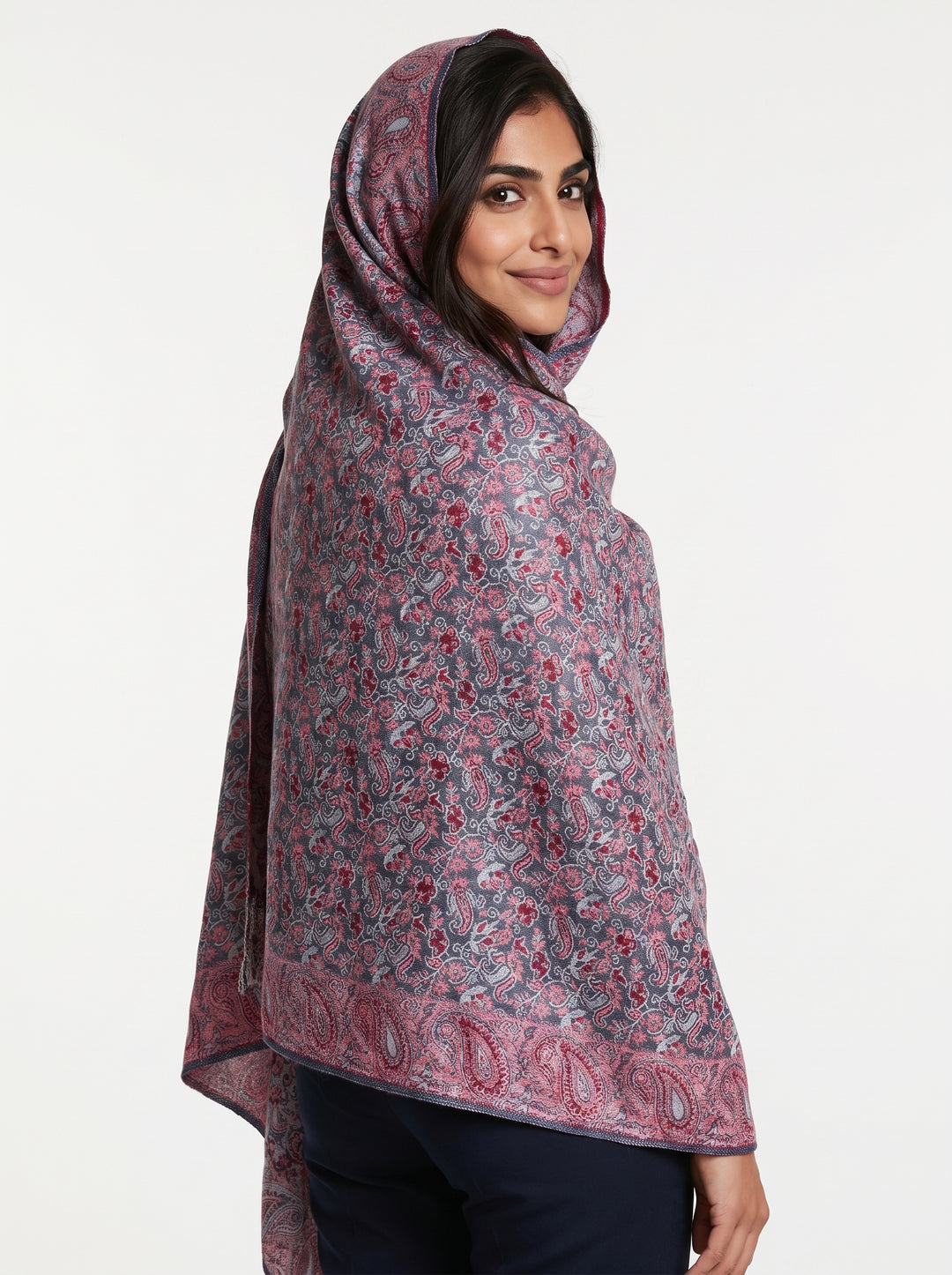 Luxury Kashmiri Paisley Shawl – Vintage Rose &amp; Slate Blue | Premium Soft Reversible Hijab Wrap