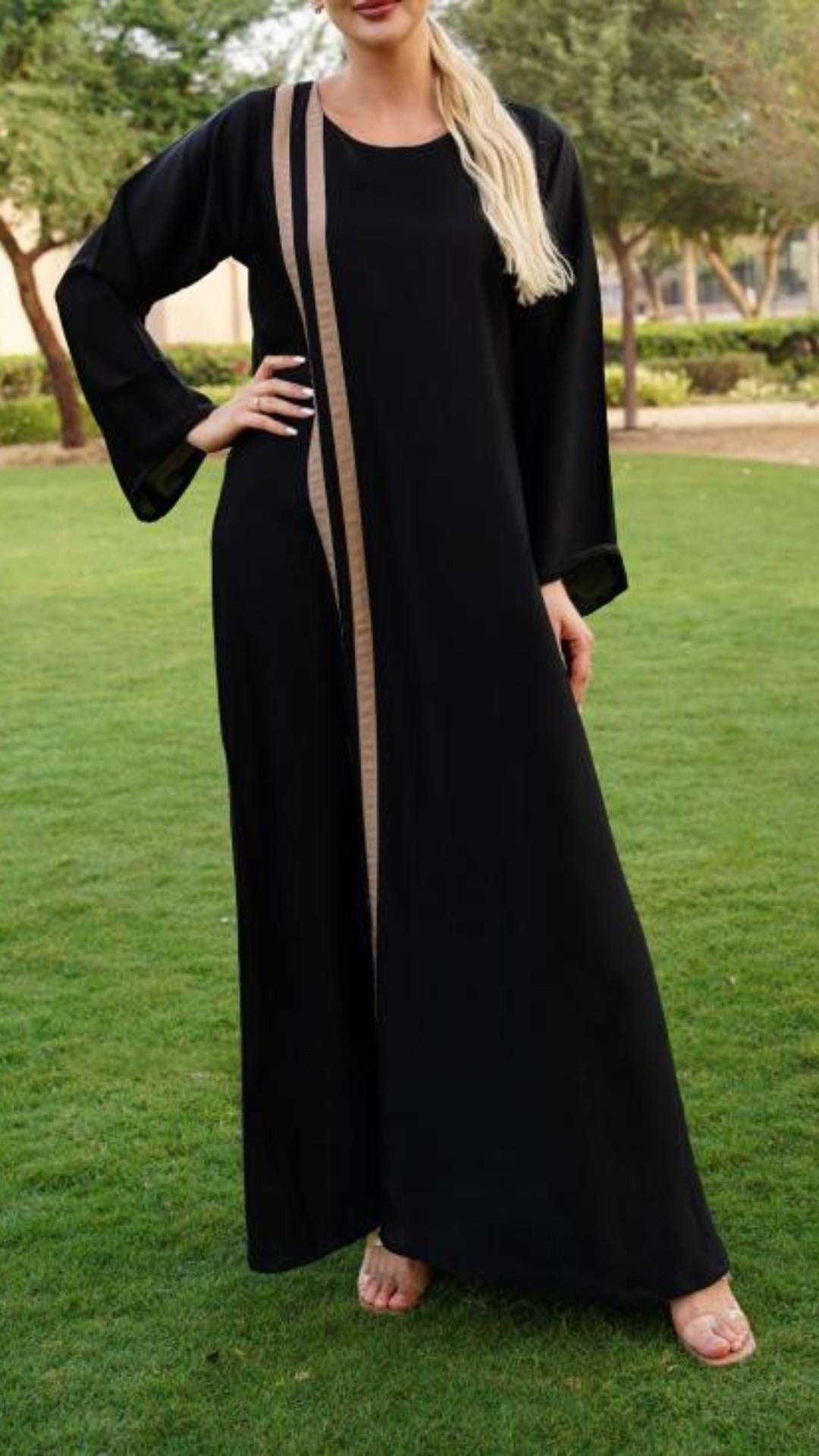 Abaya with Beige Double Bands on the Front in Black - Abaya Elegance