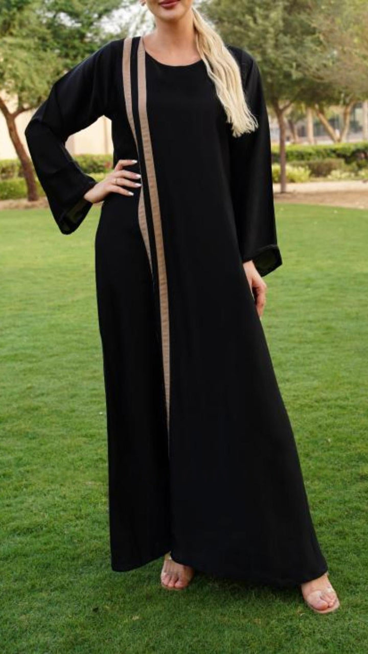 Abaya with Beige Double Bands on the Front in Black - Abaya Elegance