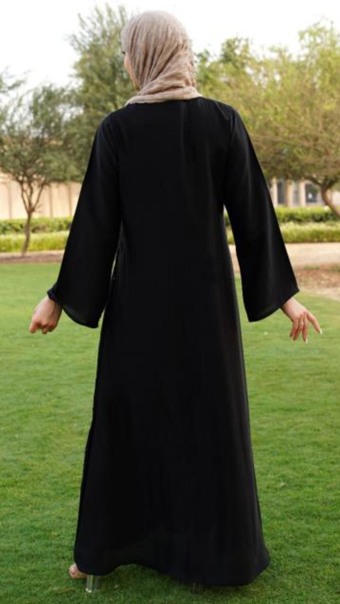 Abaya with Beige Double Bands on the Front in Black - Abaya Elegance